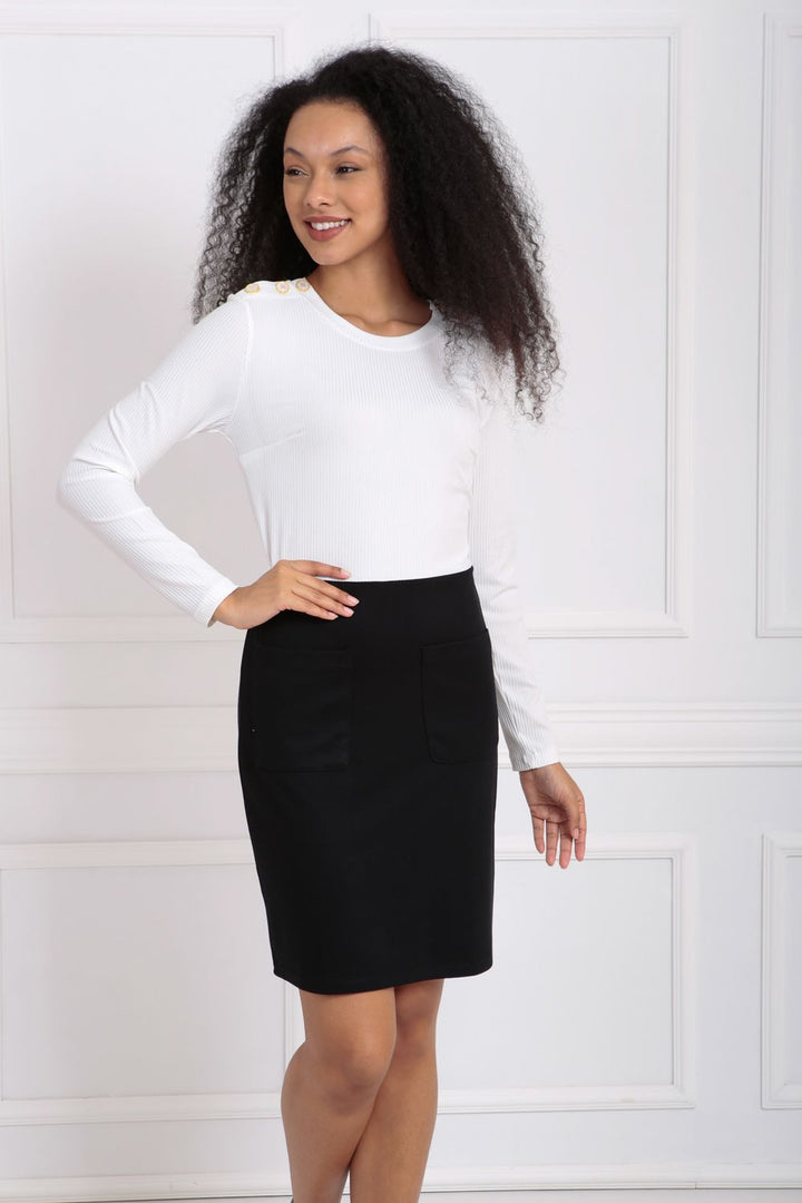 SNS Sense Black Ecru Top with Collar and Steel Long Sleeve Dress - Villena