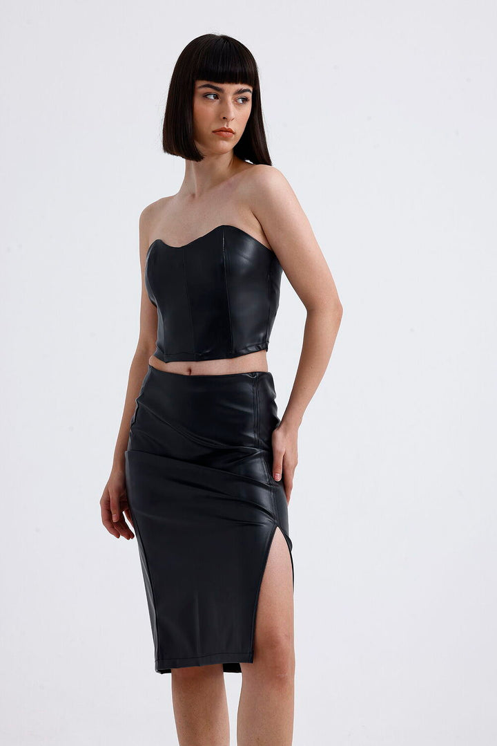 SNS Sense Black Elastic Waist Faux Leather Pencil Skirt - Bridgwater