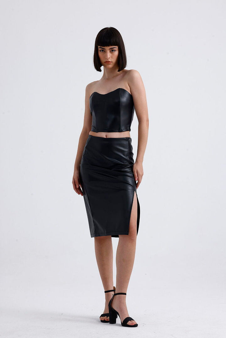 SNS Sense Black Elastic Waist Faux Leather Pencil Skirt - Bridgwater