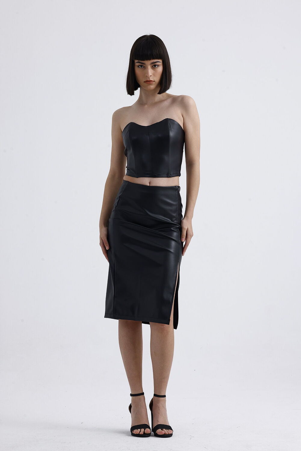 SNS Sense Black Elastic Waist Faux Leather Pencil Skirt - Bridgwater