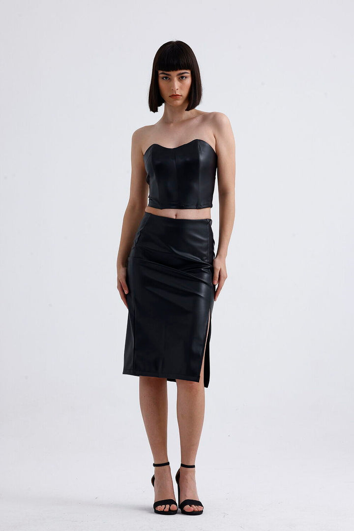 SNS Sense Black Elastic Waist Faux Leather Pencil Skirt - Bridgwater