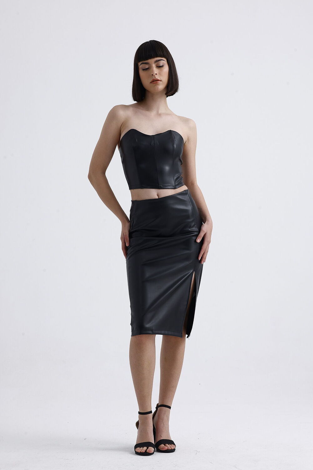 SNS Sense Black Elastic Waist Faux Leather Pencil Skirt - Bridgwater