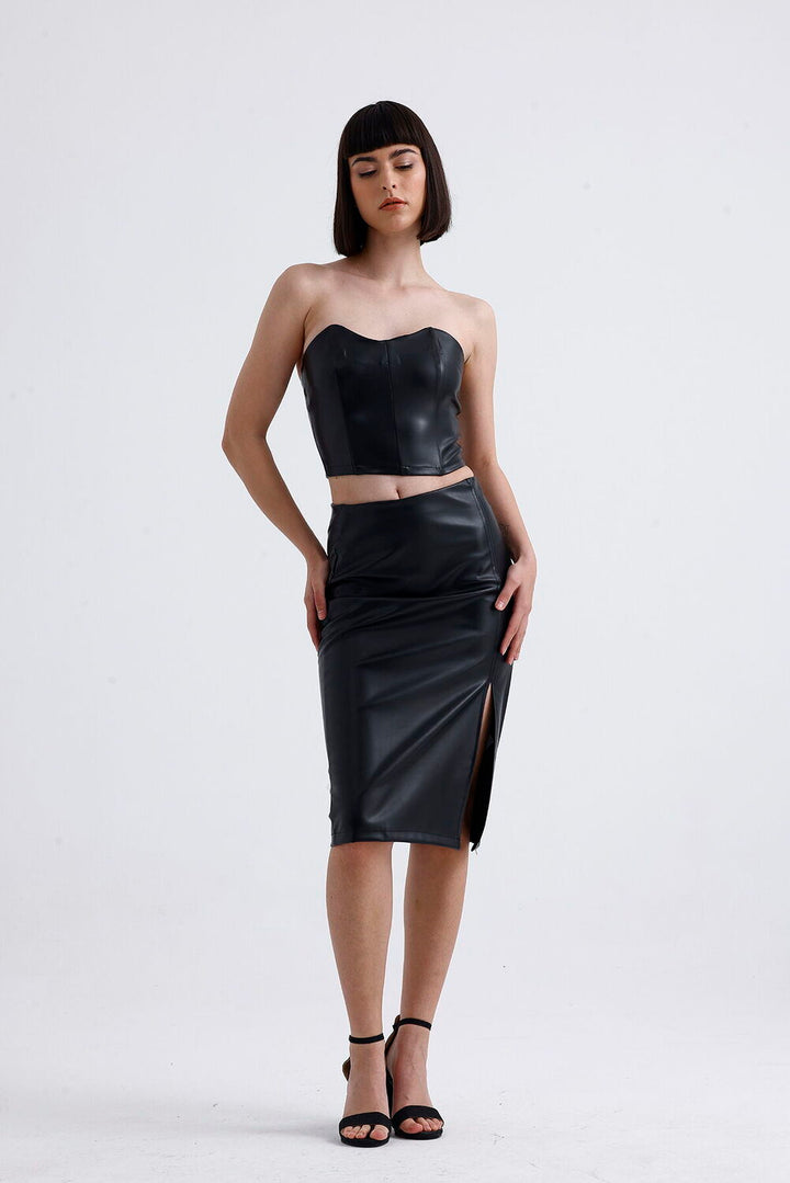 SNS Sense Black Elastic Waist Faux Leather Pencil Skirt - Bridgwater