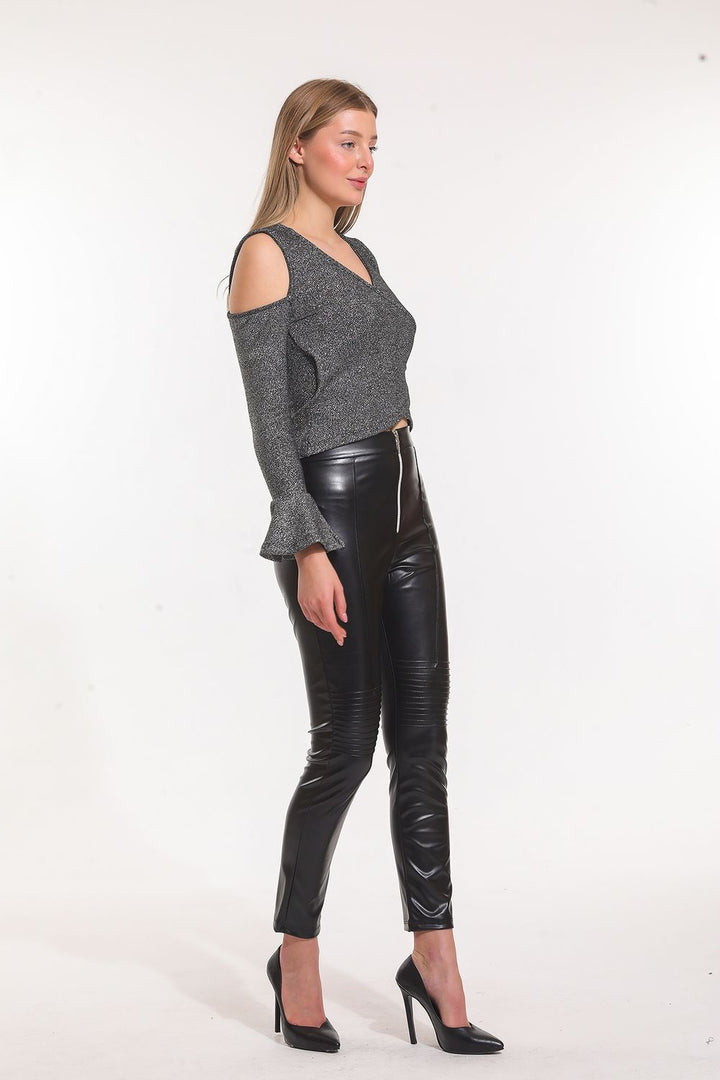 SNS Sense Black Zipper Detailed Leather Leggings PNT33316 - Paignton