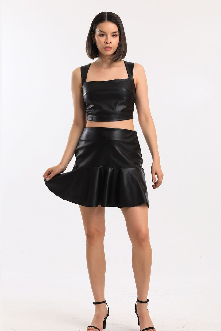 SNS Black Zippered Ruffled Leather Skirt - Almelo