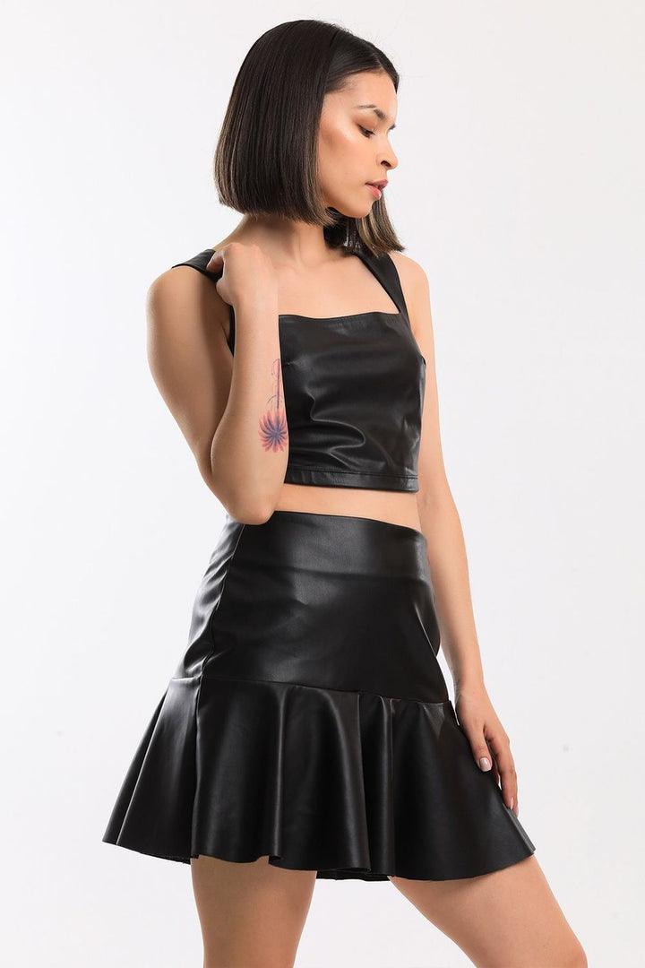SNS Black Zippered Ruffled Leather Skirt - Almelo