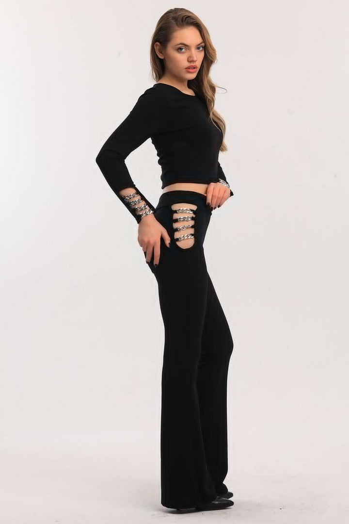 SNS Black High Waisted Chain Detailed Spanish Flare Scuba Crepe Pants - Spring Hill