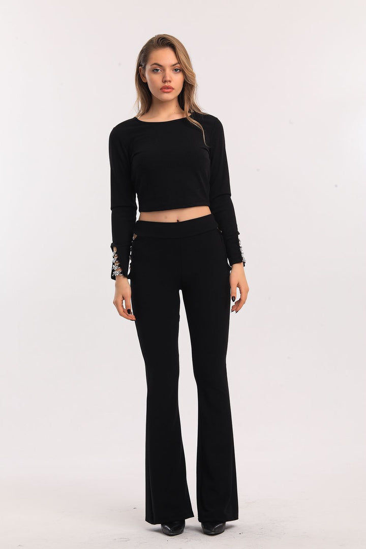 SNS Black High Waisted Chain Detailed Spanish Flare Scuba Crepe Pants - Spring Hill