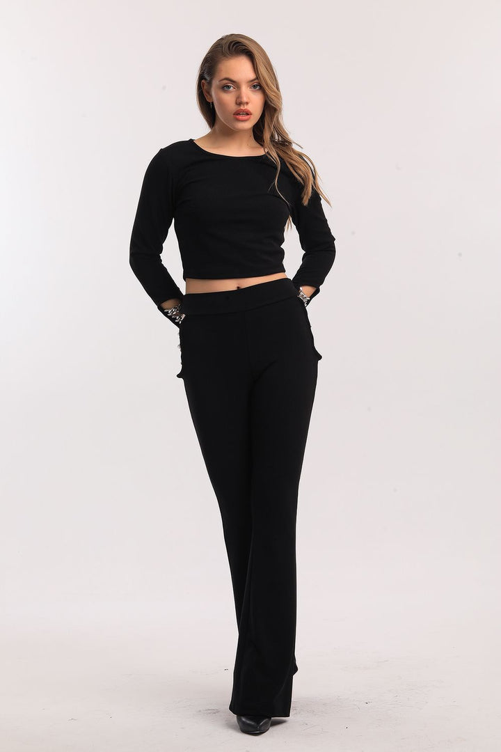 SNS Black High Waisted Chain Detailed Spanish Flare Scuba Crepe Pants - Spring Hill