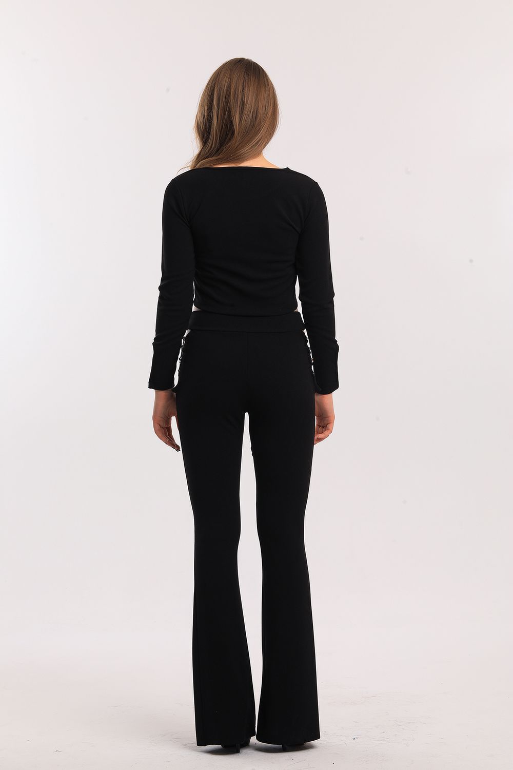 SNS Black High Waisted Chain Detailed Spanish Flare Scuba Crepe Pants - Spring Hill