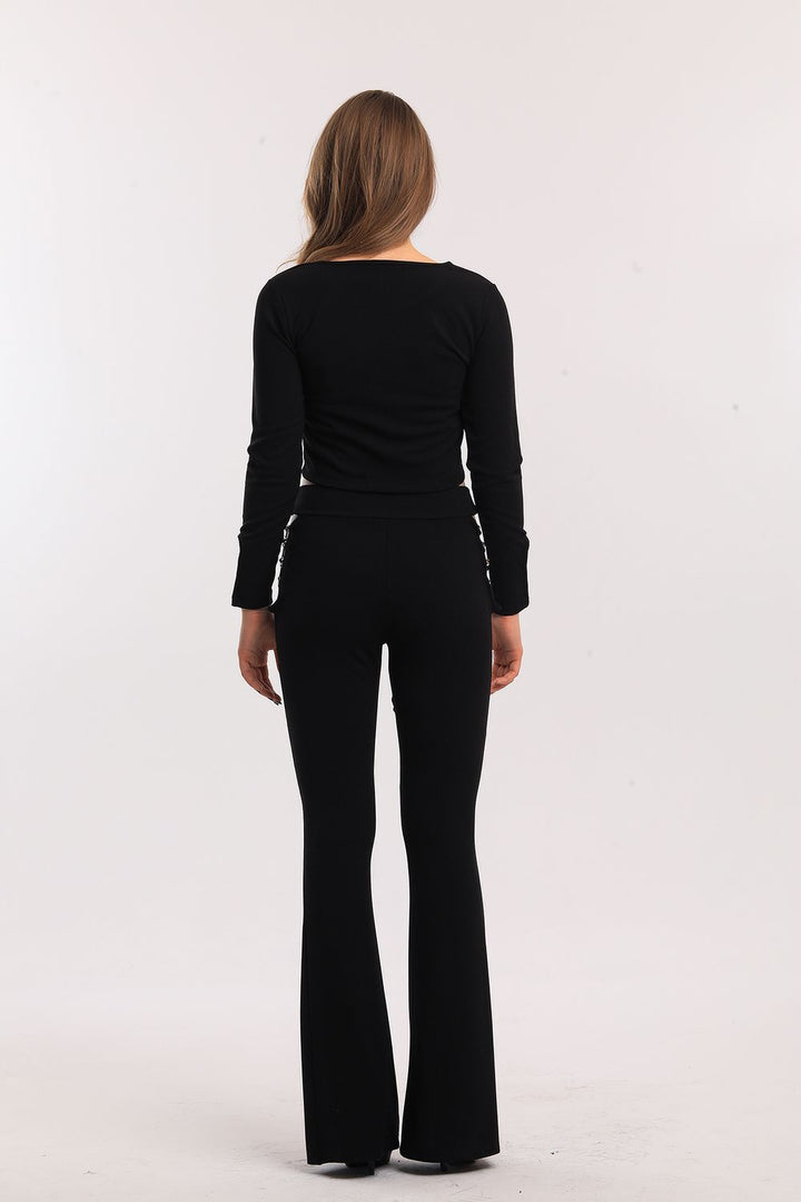 SNS Black High Waisted Chain Detailed Spanish Flare Scuba Crepe Pants - Spring Hill