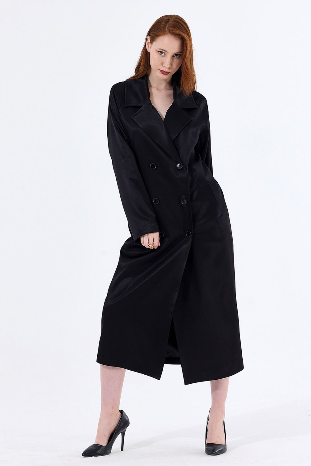 SNS Sense Black Lined Satin Trench Coat - Cascais