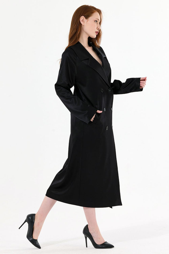 SNS Sense Black Lined Satin Trench Coat - Cascais