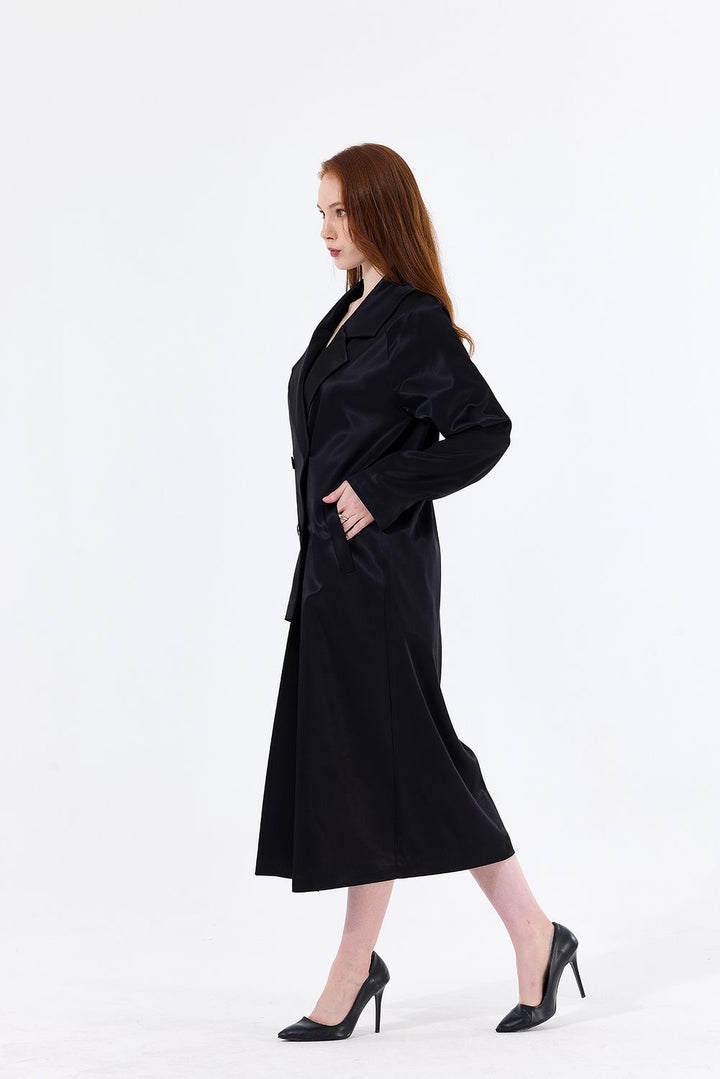 SNS Sense Black Lined Satin Trench Coat - Cascais