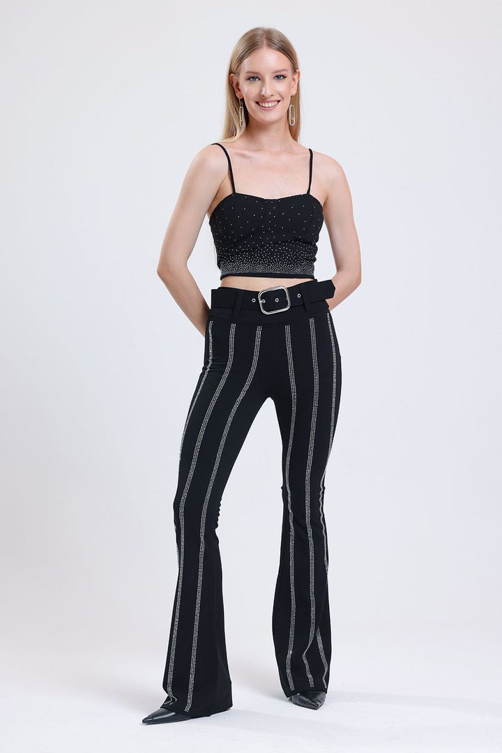 SNS Sense Black Spanish Waist Stone Detailed Evening Trousers Pnt34898 - New Braunfels