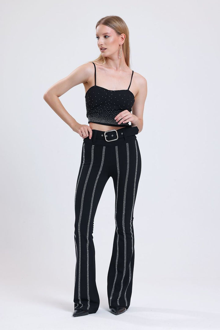 SNS Sense Black Spanish Waist Stone Detailed Evening Trousers Pnt34898 - New Braunfels