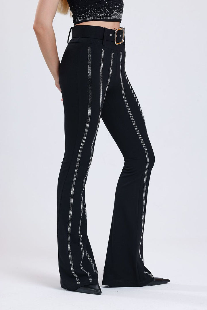 SNS Sense Black Spanish Waist Stone Detailed Evening Trousers Pnt34898 - New Braunfels