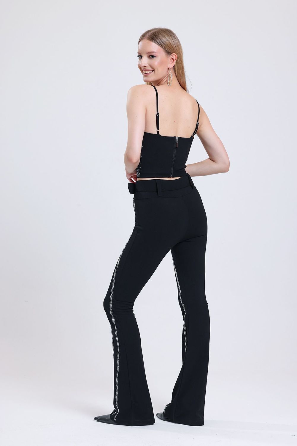 SNS Sense Black Spanish Waist Stone Detailed Evening Trousers Pnt34898 - New Braunfels
