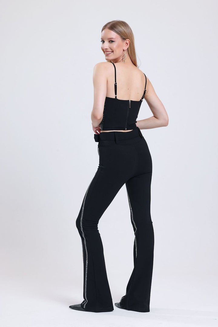 SNS Sense Black Spanish Waist Stone Detailed Evening Trousers Pnt34898 - New Braunfels