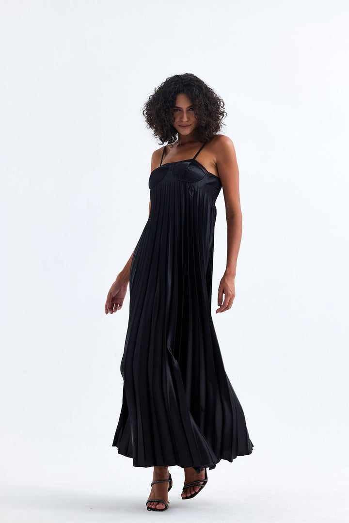 SNS Sense Black Covered Adjustable Strap Ruffled Evening Long Satin Dress - Gainesville