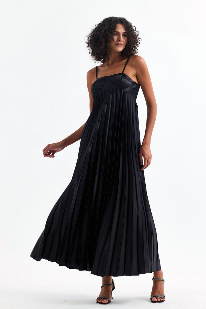 SNS Sense Black Covered Adjustable Strap Ruffled Evening Long Satin Dress - Gainesville