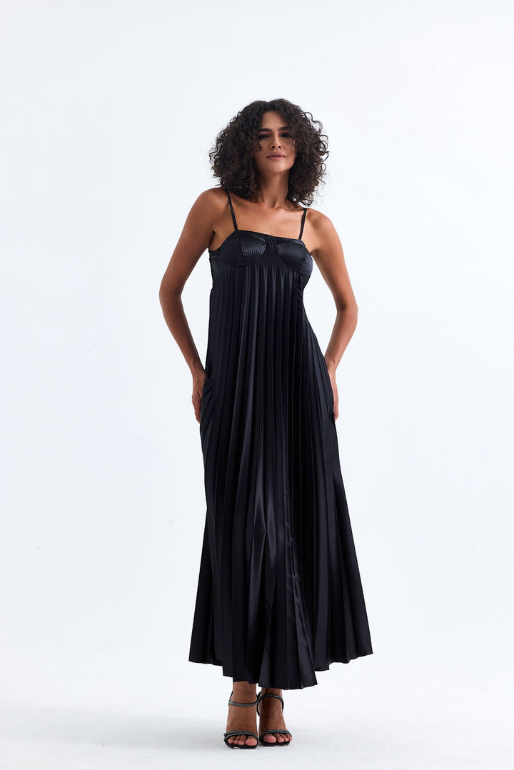 SNS Sense Black Covered Adjustable Strap Ruffled Evening Long Satin Dress - Gainesville