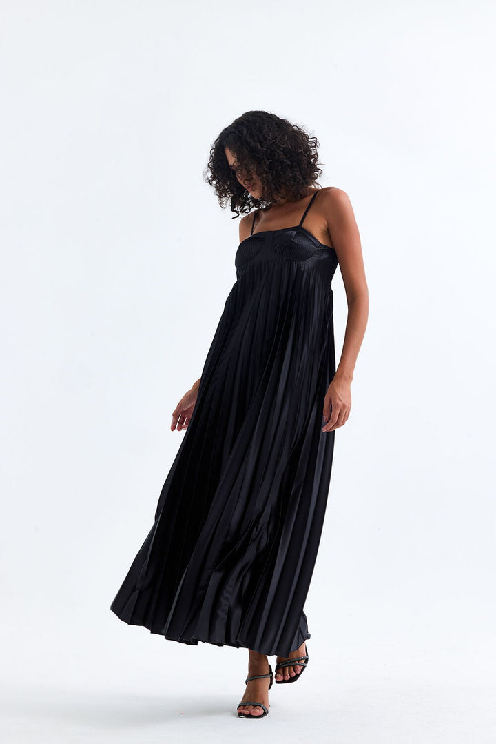 SNS Sense Black Covered Adjustable Strap Ruffled Evening Long Satin Dress - Gainesville