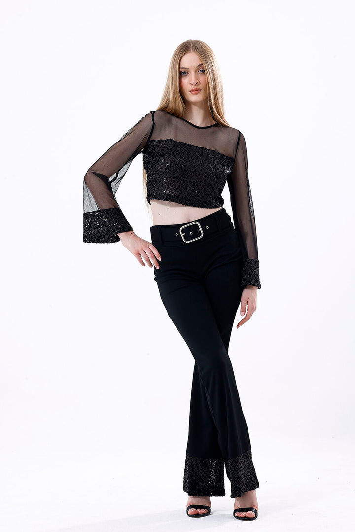 SNS Sense Black Belt Detailed Sequined Evening Trousers - La Barca