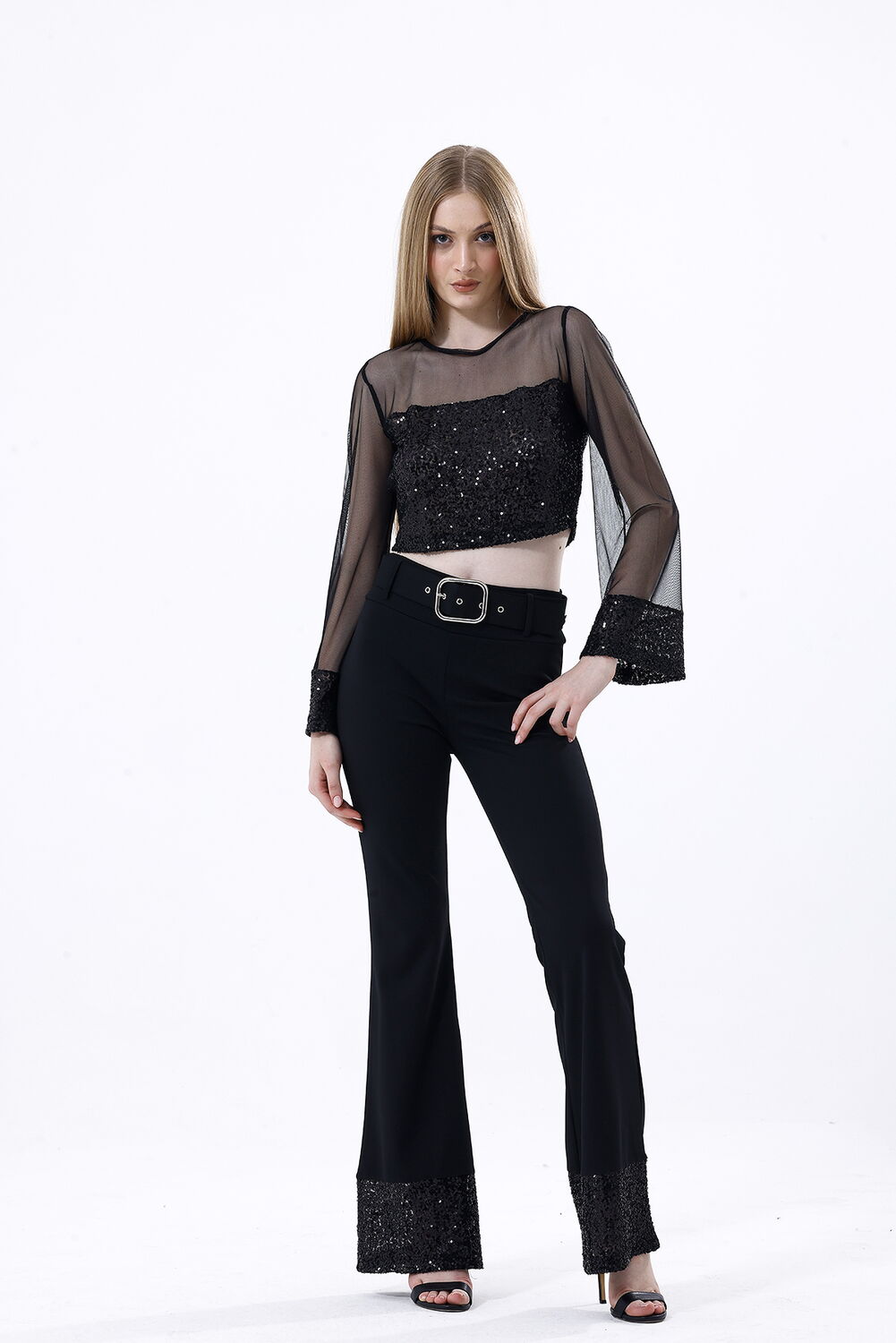 SNS Sense Black Belt Detailed Sequined Evening Trousers - La Barca