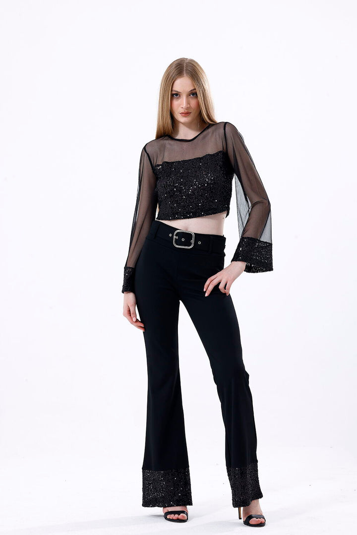 SNS Sense Black Belt Detailed Sequined Evening Trousers - La Barca