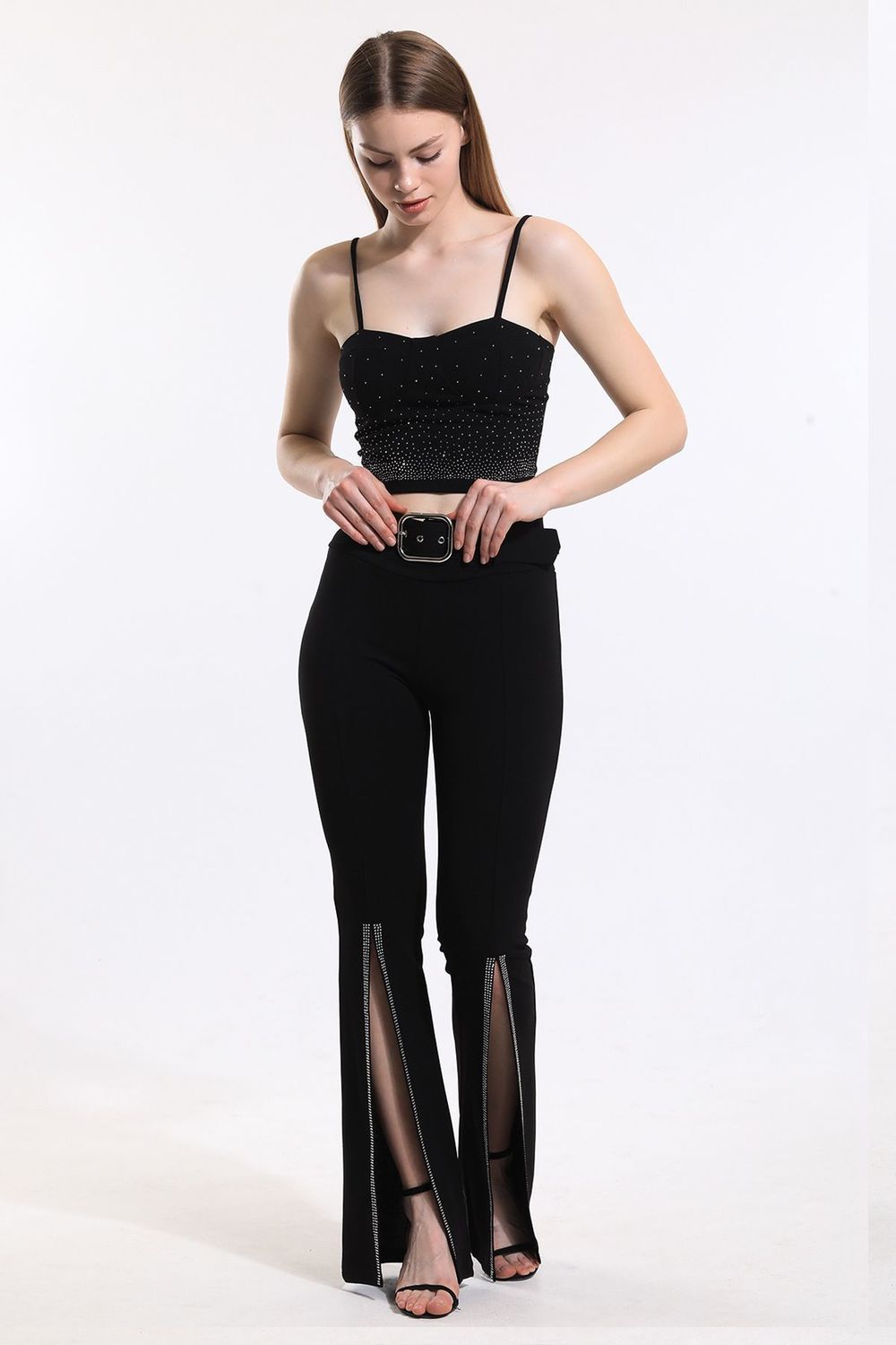 SNS Black Belted Wide Leg Scuba Crepe Plus Size Pants - Torrente