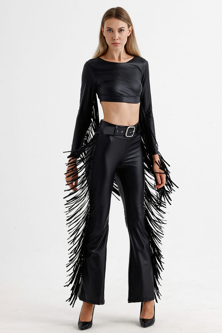 SNS Sense Black Belted Tassel Detailed Faux Leather Pants - Cairns