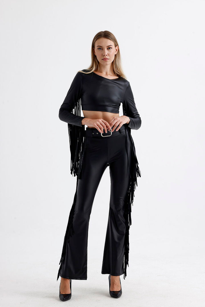 SNS Sense Black Belted Tassel Detailed Faux Leather Pants - Cairns