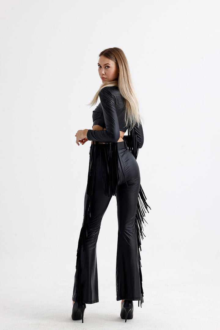 SNS Sense Black Belted Tassel Detailed Faux Leather Pants - Cairns