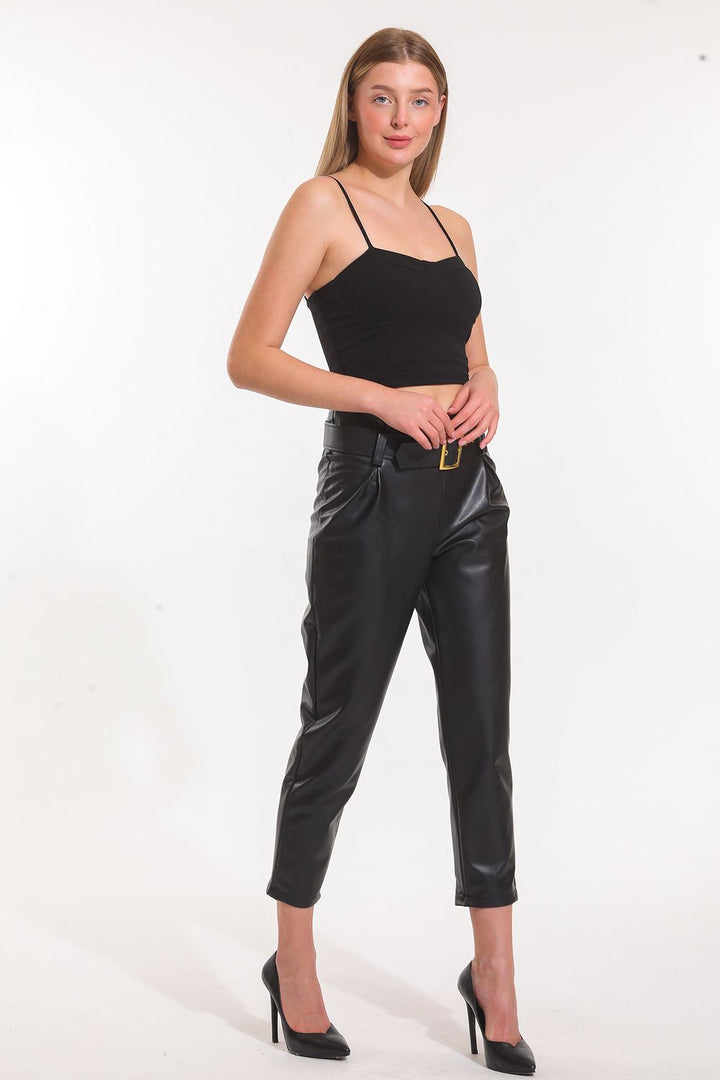 SNS Sense Black Leather Pants with Hidden Zipper - Teoloyucan