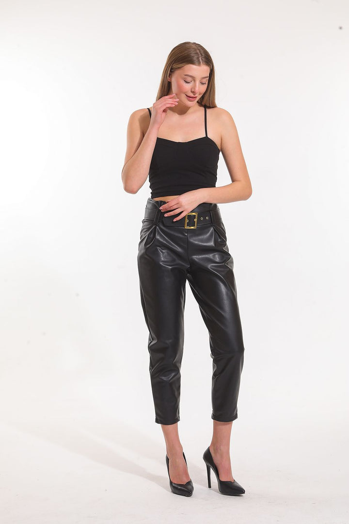 SNS Sense Black Leather Pants with Hidden Zipper - Teoloyucan