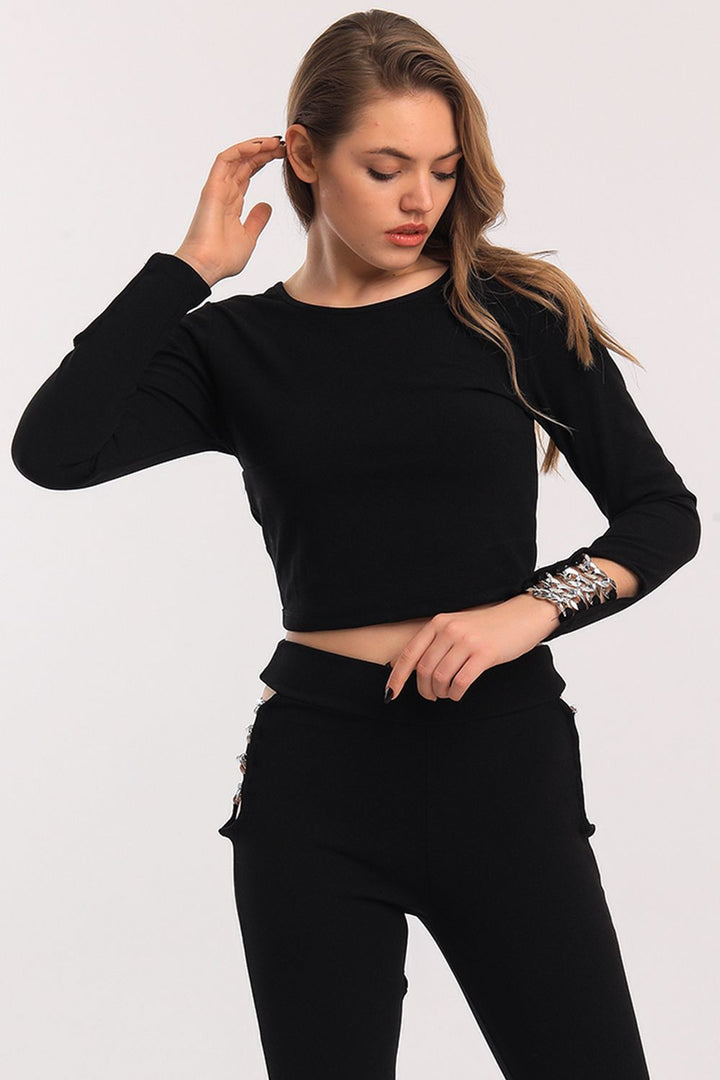 SNS Black Sleeve Silver Ring Chained Scuba Crepe Blouse - Bielefeld