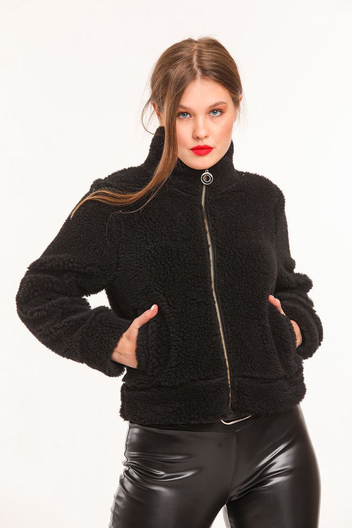 SNS Sense Black Metal Zippered Side Pocketed Sherpa Jacket - Shrewsbury