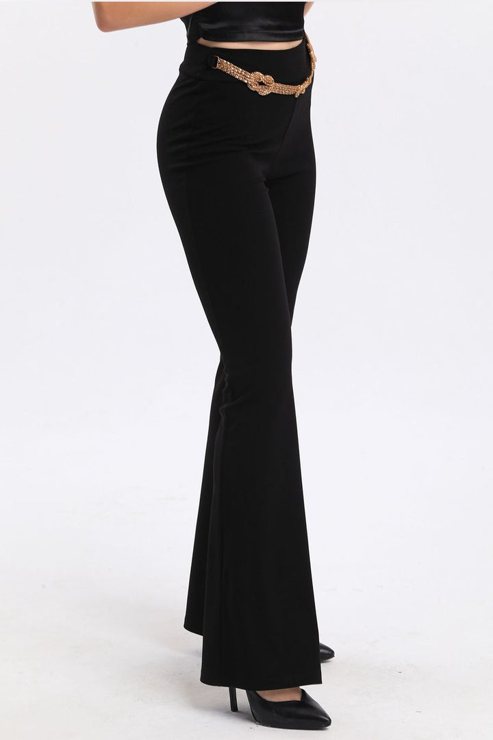 SNS Sense Black Metal Chain Accessorized Spanish Flare Scuba Crepe Pants - Wythenshawe