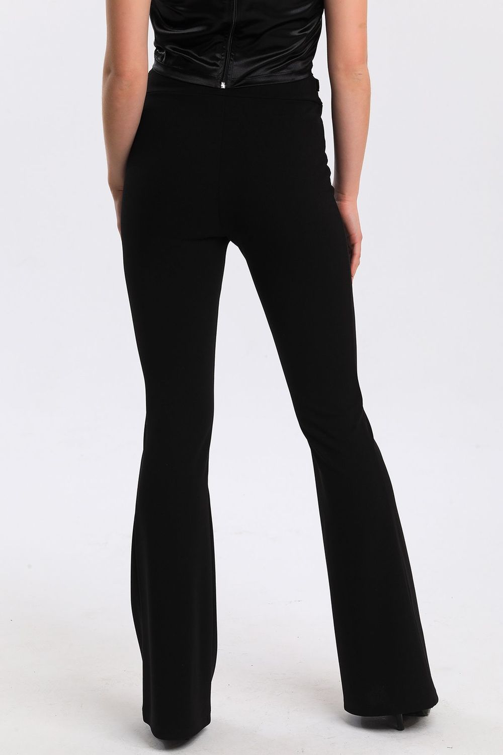 SNS Sense Black Metal Chain Accessorized Spanish Flare Scuba Crepe Pants - Wythenshawe