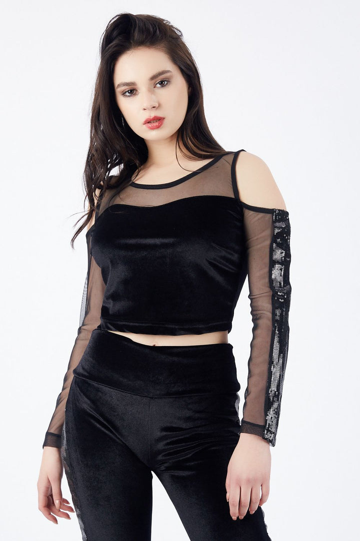 SNS Black Front Back Top with Tulle Sequin Stripe Front Back Bottom Velvet Long Sleeve Blouse - Ponce