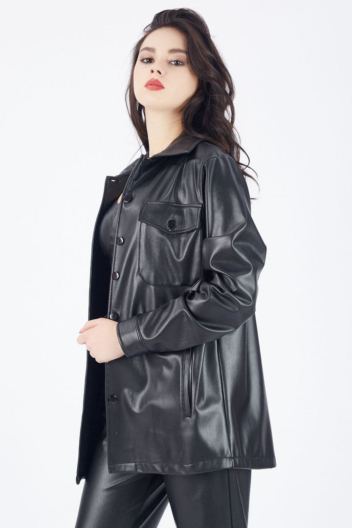 SNS Sense Black Front Pocket Buttoned U Neck Leather Shirt GML33163 - Acapulco de Juárez