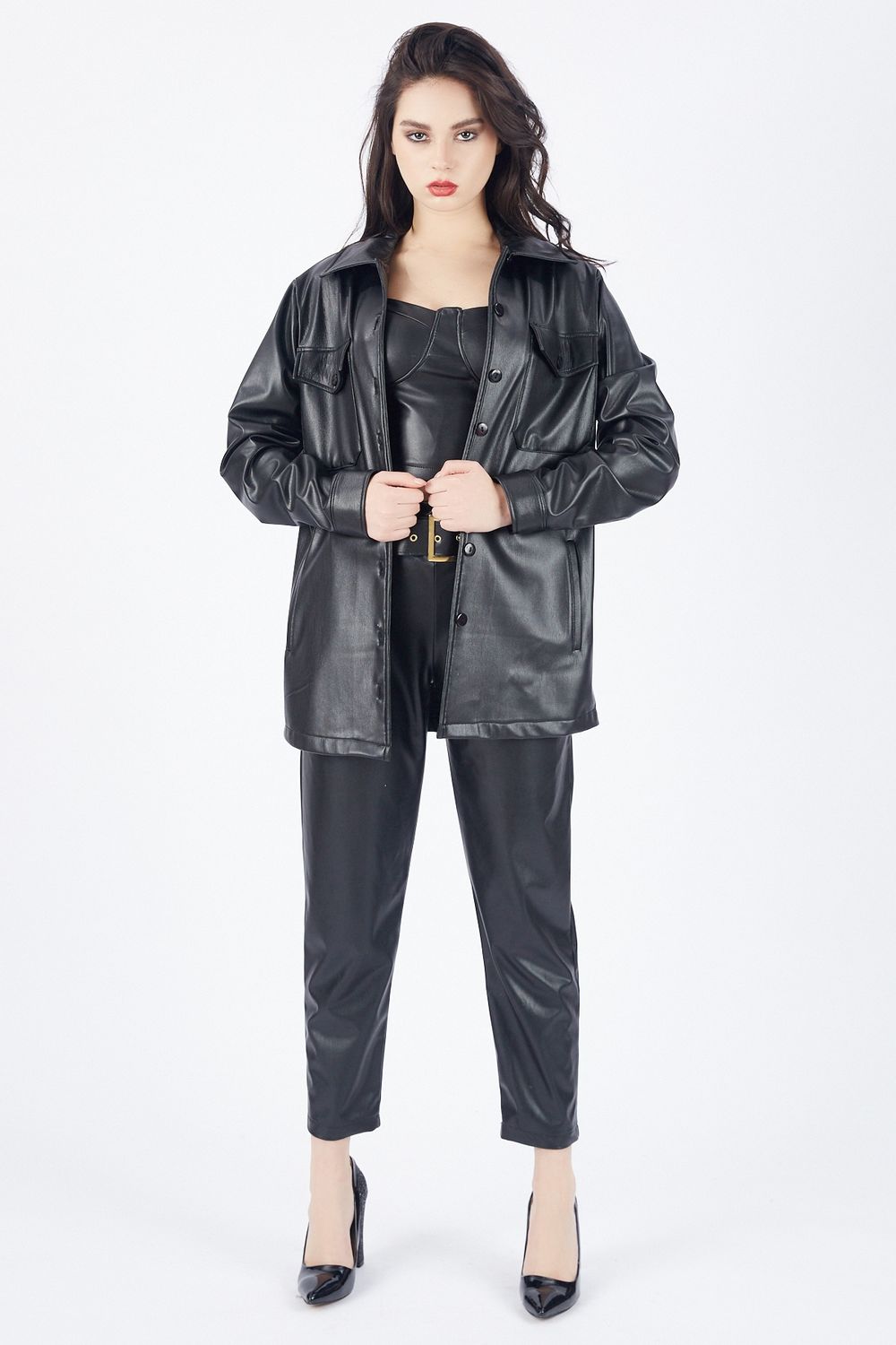 SNS Sense Black Front Pocket Buttoned U Neck Leather Shirt GML33163 - Acapulco de Juárez