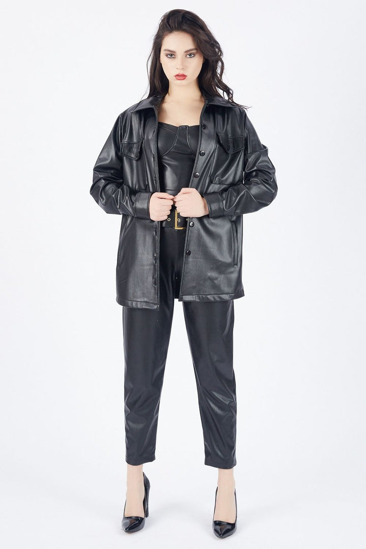 SNS Sense Black Front Pocket Buttoned U Neck Leather Shirt GML33163 - Acapulco de Juárez