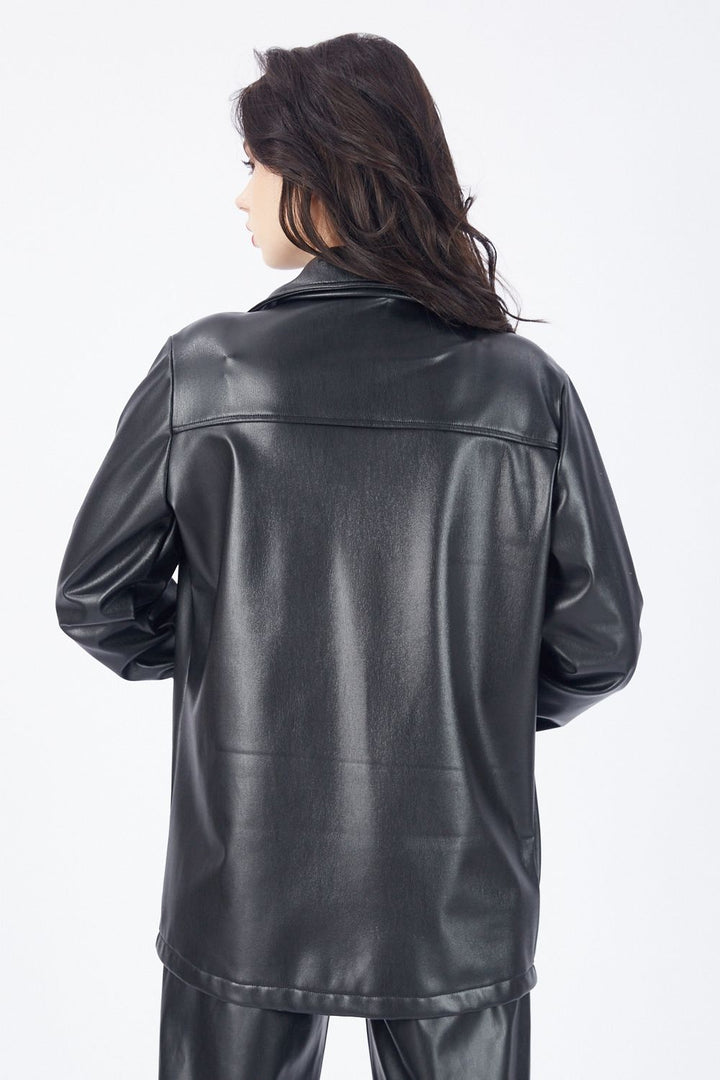 SNS Sense Black Front Pocket Buttoned U Neck Leather Shirt GML33163 - Acapulco de Juárez