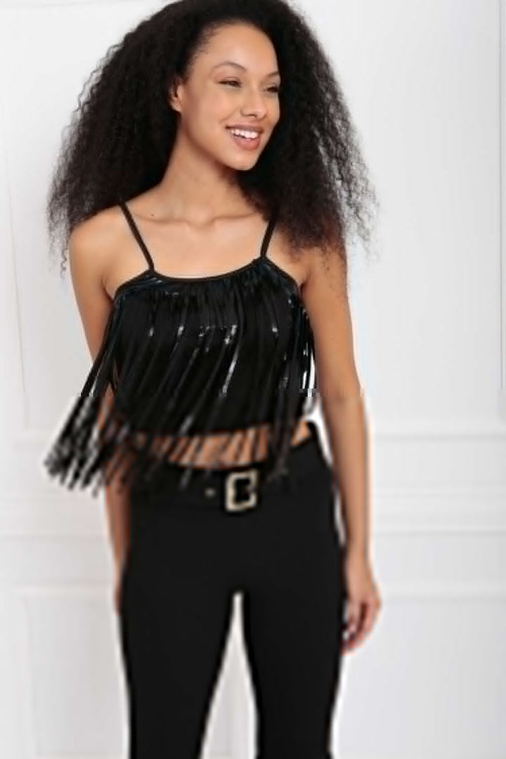 SNS Sense Black Front Tasseled Steel Fabric Tank Top - Heemskerk