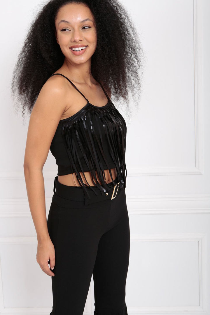 SNS Sense Black Front Tasseled Steel Fabric Tank Top - Heemskerk