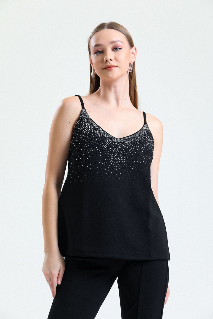 SNS Sense Black Front Stoned Strapped Scuba Crepe Short Blouse - Pinneberg