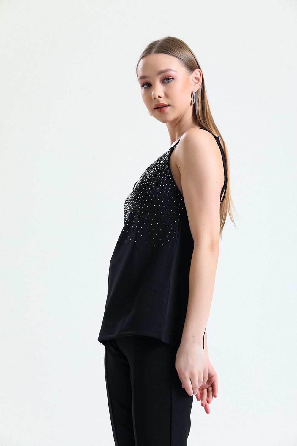 SNS Sense Black Front Stoned Strapped Scuba Crepe Short Blouse - Pinneberg