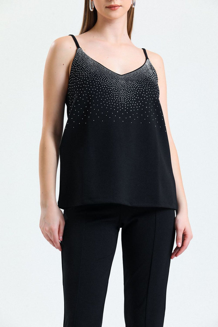 SNS Sense Black Front Stoned Strapped Scuba Crepe Short Blouse - Pinneberg